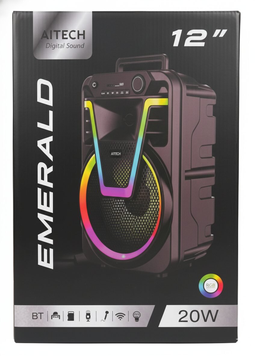 Generated Image November 20, 2025 - 12_54AM Parlante Portátil AITECH EMERALD 12" con Luces RGB y Potencia de 20W - Sonido Envolvente para tus Eventos - Imagen 1